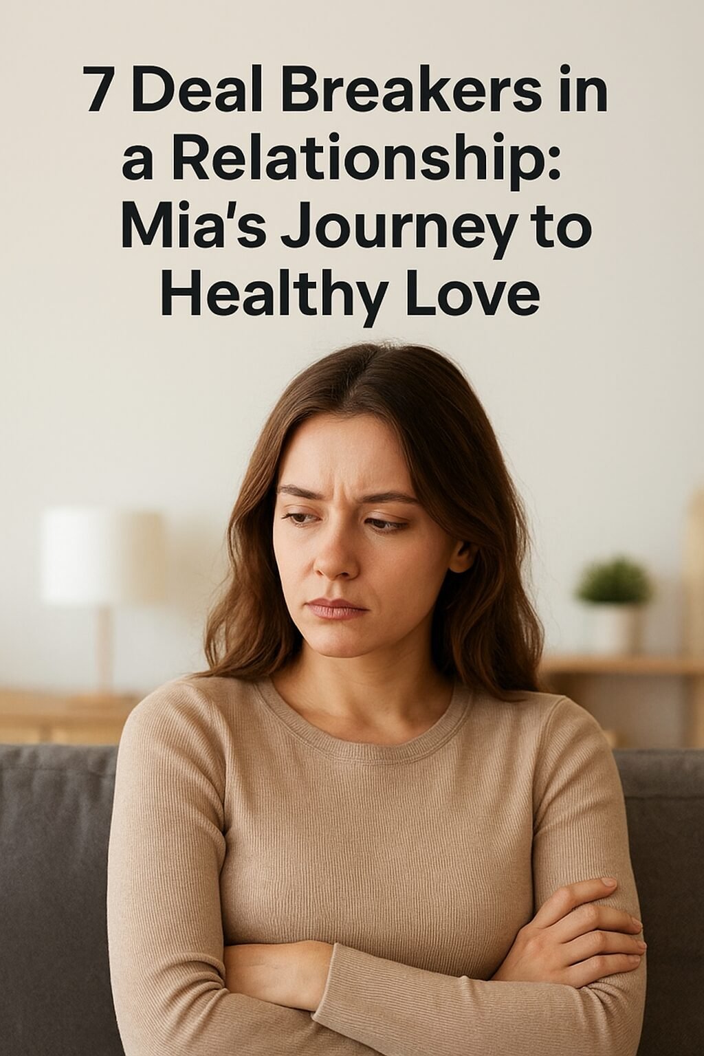 A young woman with long brown hair sits on a couch in a beige living room, arms crossed and looking pensive. The text above her reads: “7 Deal Breakers in a Relationship: Mia’s Journey to Healthy Love.”