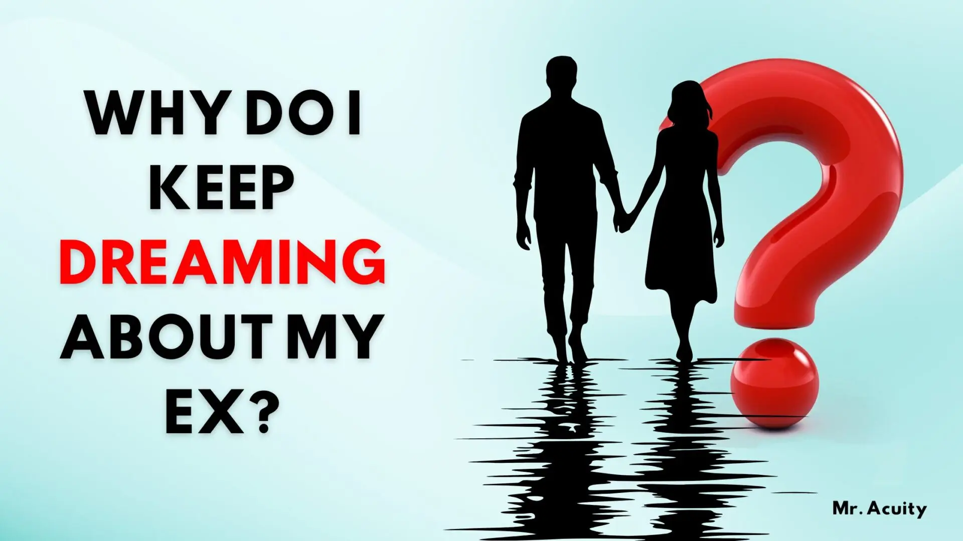 “Why do I keep dreaming about my ex?” with the word “dreaming” highlighted in red. A silhouette of a man and woman holding hands is shown walking on water, with a large red question mark behind them. Credit: Mr. Acuity.