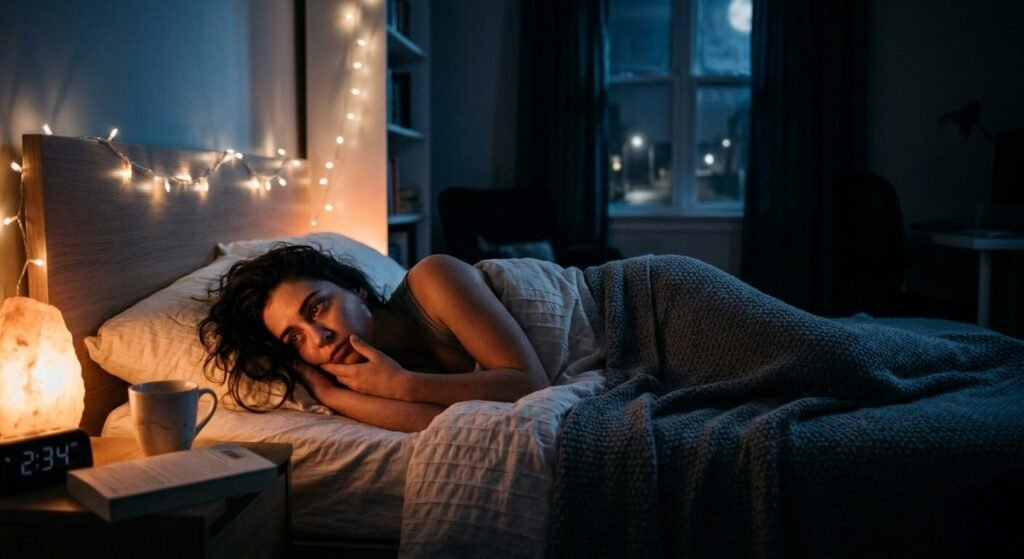 A candid photograph of a woman with dark hair lying awake in bed, staring into the middle distance with a thoughtful and pensive expression, suggesting overthinking. She is in a dark bedroom softly lit by warm string lights, a salt lamp on her bedside table, and cool moonlight filtering through the window. The digital clock next to her displays "2:34 AM." She is resting her chin on her hand, wrapped in a grey knitted blanket. A mug and book are also on the bedside table.