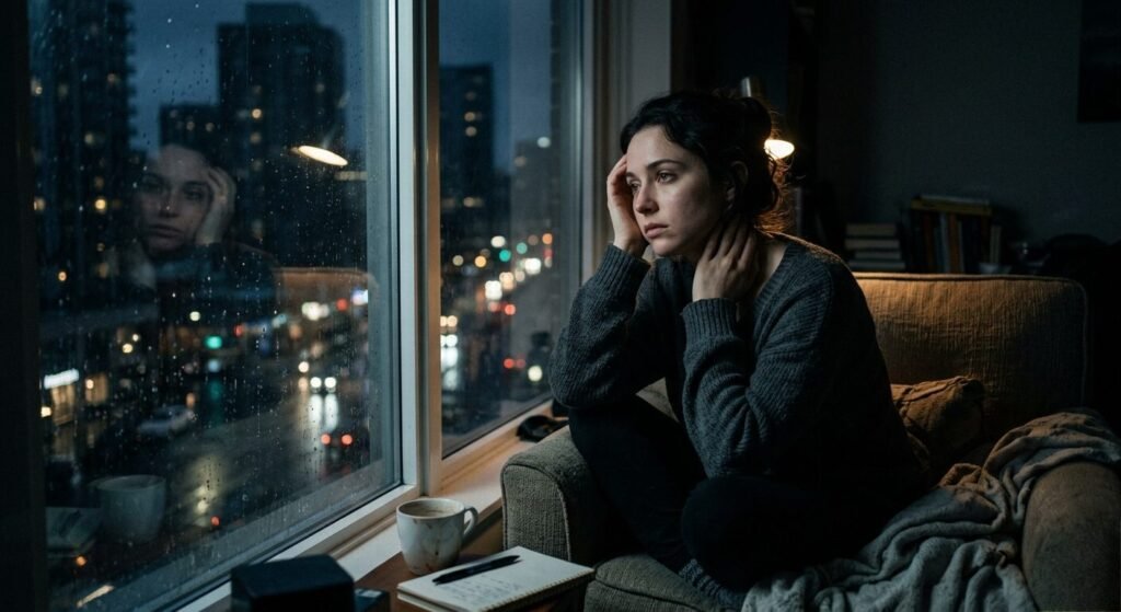 A woman in a dark sweater sits thoughtfully in an armchair, gazing out a rain-streaked apartment window at a nighttime city skyline filled with lights. She holds her head in her hands, reflecting in the glass.