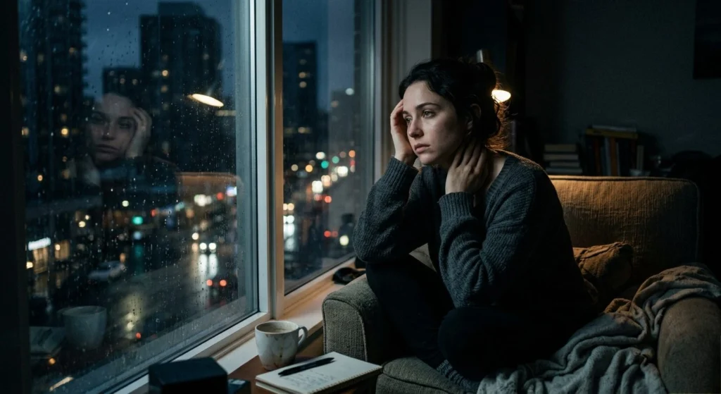 How to Stop Overthinking at Night 3 A woman in a dark sweater sits thoughtfully in an armchair, gazing out a rain-streaked apartment window at a nighttime city skyline filled with lights. She holds her head in her hands, reflecting in the glass.
