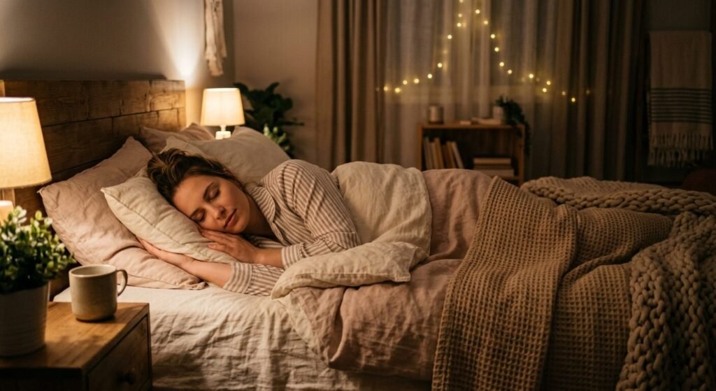 A candid, warm photo shows a woman sleeping soundly on her side in a bed with soft linen, chunky knit blankets, and a wooden headboard. A lit lamp sits on a rustic nightstand next to a plant and a mug, while warm string lights glow softly in the background.