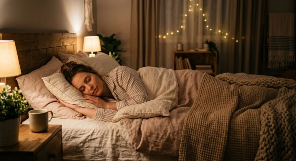 How to Stop Overthinking at Night 5 A candid, warm photo shows a woman sleeping soundly on her side in a bed with soft linen, chunky knit blankets, and a wooden headboard. A lit lamp sits on a rustic nightstand next to a plant and a mug, while warm string lights glow softly in the background.