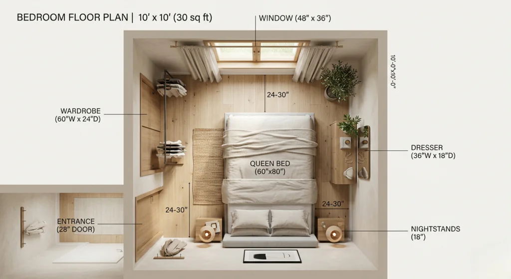 A clean and modern overhead floor plan layout for a cozy 10' x 10' (30 sq ft) bedroom, featuring a large window, light wood flooring, and neutral beige walls. The plan showcases a queen-size bed centered against a wall, with a small nightstand on either side. A built-in wardrobe is labeled with dimensions of 60"W x 24"D, and a dresser on the opposite wall is labeled with dimensions of 36"W x 18"D. Key areas are clearly labeled, including the room dimensions, "Queen Bed (60"x80")", "Window (48" x 36")", "Dresser", "Wardrobe", "Entrance (28" Door)", and "Nightstands (18")". The plan also includes measurement lines showing clearance around the furniture. Minimalist decor and natural elements like potted plants and a woven rug add to the inviting atmosphere. This detailed plan illustrates how to maximize space in a compact bedroom while maintaining function and style.