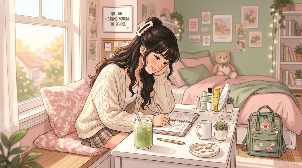 An aesthetic, lofi-style digital illustration of a young woman with long dark hair sitting at a white desk in a cozy, sunlit bedroom. She is wearing a cream cable-knit cardigan and writing in a floral-decorated planner. The desk is styled with "that girl" morning routine essentials, including an iced matcha latte, skincare products, a small vanity mirror, and fairy lights. In the background, a soft pink bed with a teddy bear and a green backpack with pins complete the organized, productive atmosphere.