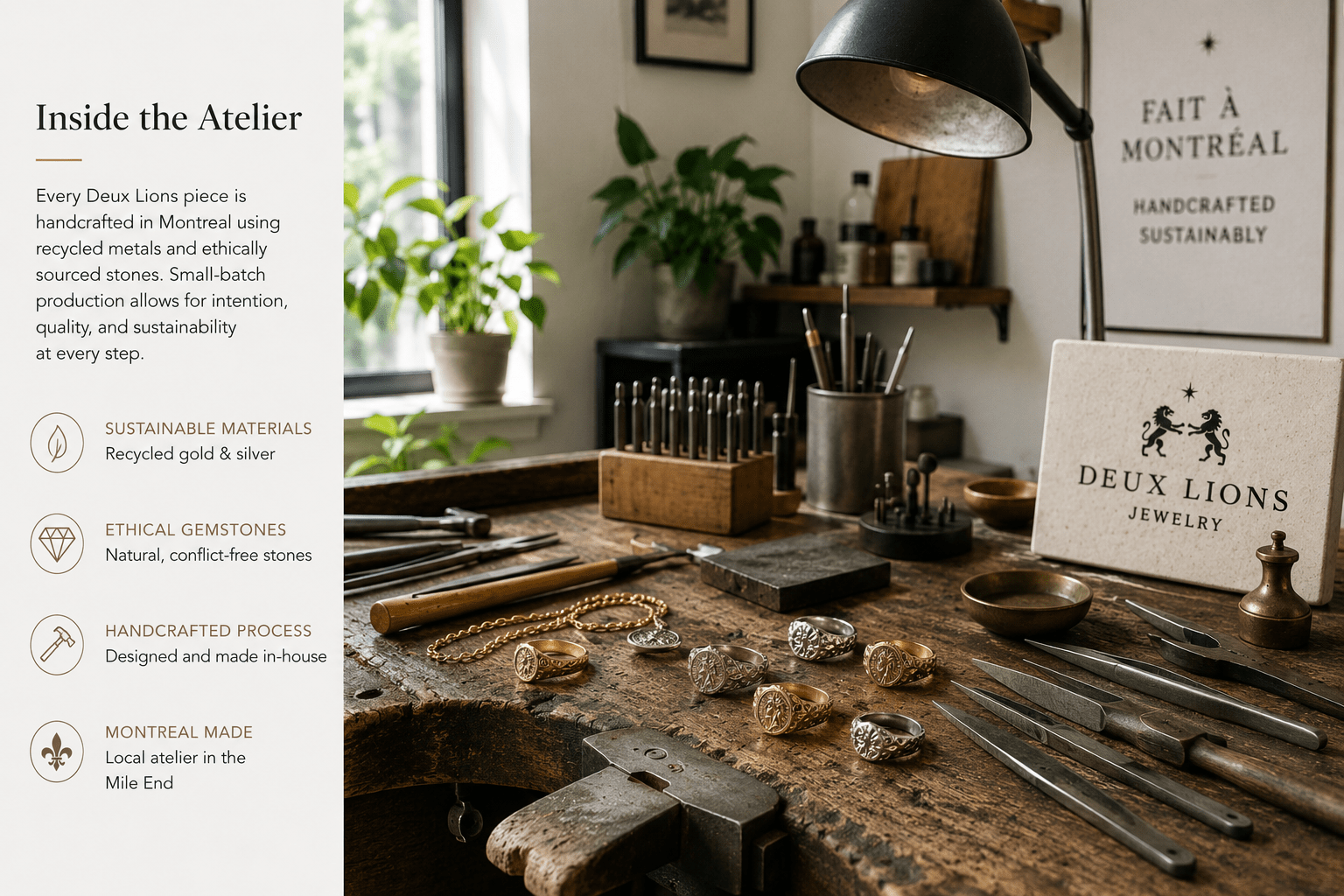 Deux Lions Montreal Review: Pricing, Quality & Custom Rings 3 Deux Lions Jewelry artisan workshop in Montreal featuring handcrafted textured rings, traditional bench tools, sustainable jewelry production, and a boutique atelier workspace in the Mile End district.
