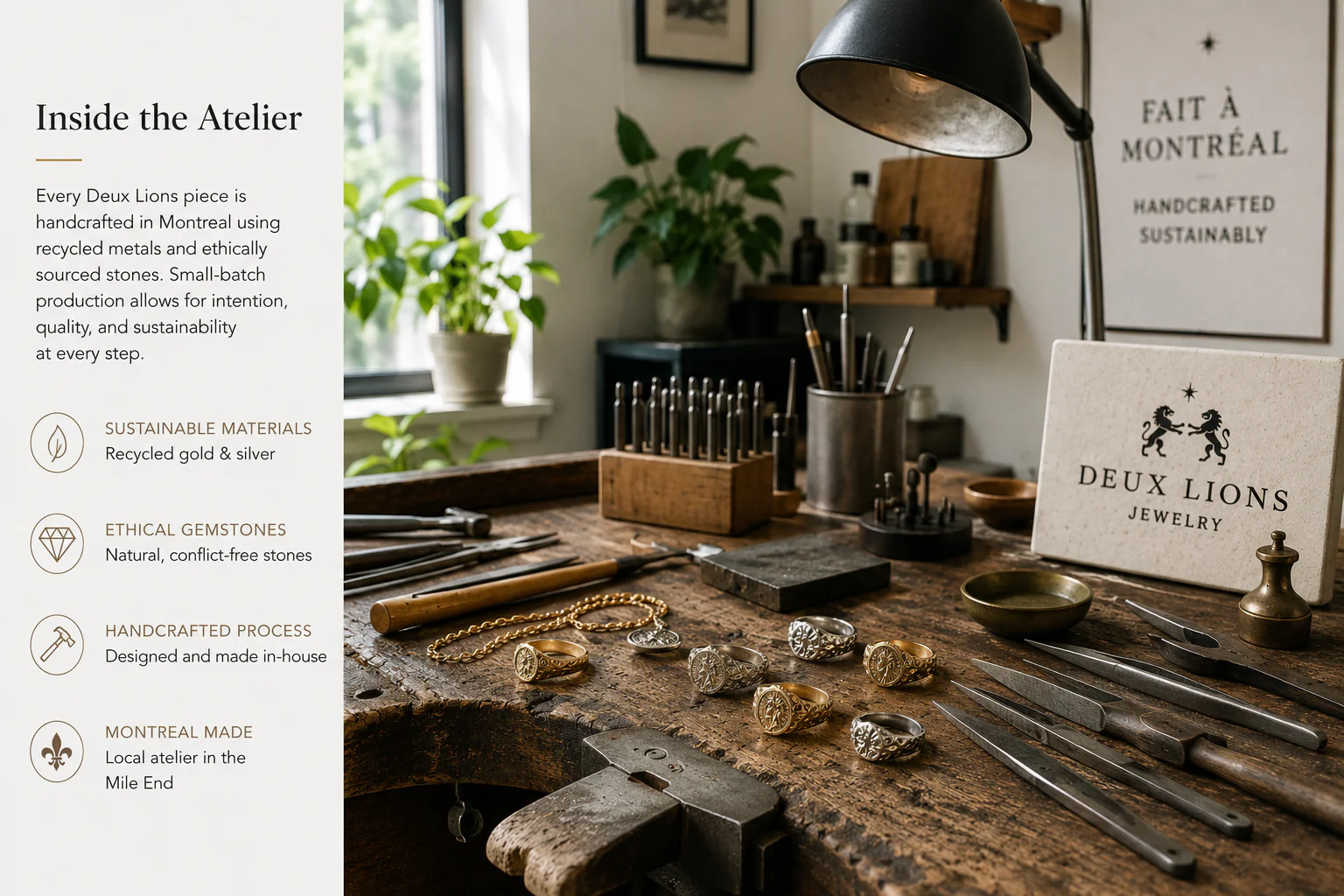 Deux Lions Jewelry artisan workshop in Montreal featuring handcrafted textured rings, traditional bench tools, sustainable jewelry production, and a boutique atelier workspace in the Mile End district.
