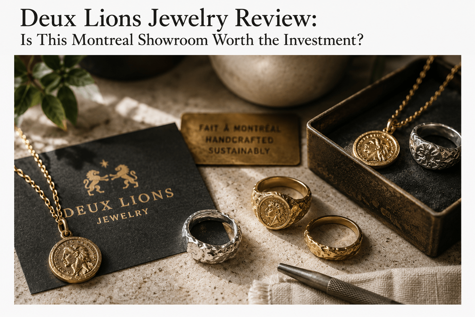 Deux Lions Montreal Review: Pricing, Quality & Custom Rings 2 Deux Lions Jewelry review feature image showcasing handcrafted gold and sterling silver rings, textured coin pendants, and artisanal jewelry styling inside a Montreal atelier-inspired luxury showroom setup.