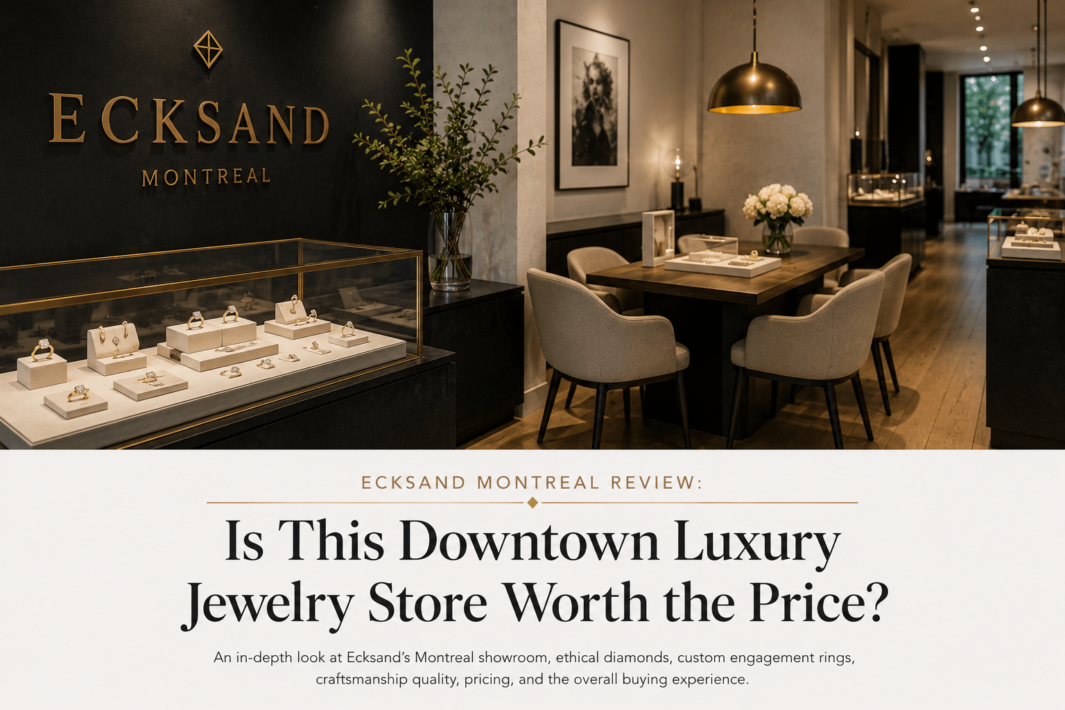 Ecksand Montreal luxury jewelry showroom interior featuring diamond engagement ring displays, private consultation seating, polished fine jewelry showcases, and a high-end downtown atelier environment.
