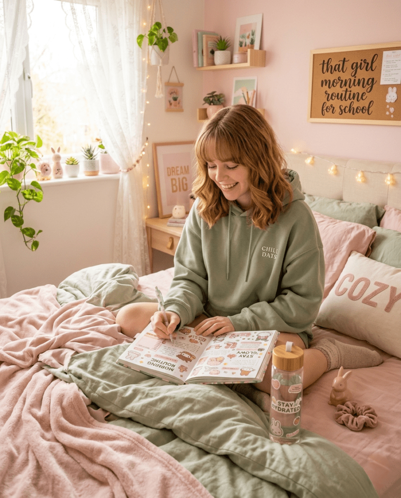 A high-quality, aesthetic photograph of a young woman with blonde wavy hair sitting cross-legged on a cozy bed, smiling while writing in a colorful, sticker-filled "Morning Routine" planner. She is wearing an oversized sage green hoodie and warm socks. The bed is layered with soft pink and green linens, a "COZY" accent pillow, and a glass water bottle nearby. The background features a dreamy, sunlit bedroom with pink walls, fairy lights, hanging plants, and a corkboard that reads "that girl morning routine for school."