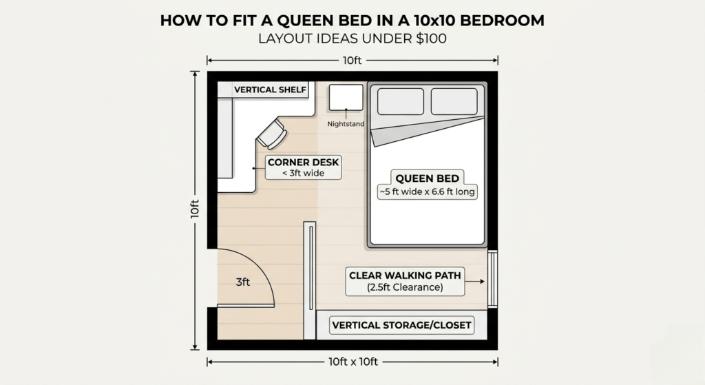 Minimal heading says, How to Fit a Queen Bed in a 10x10 Bedroom. A clean modern 2D floor plan diagram of a 10x10 foot bedroom with a queen-sized bed, showing a minimalist layout with dimensions and walking clearance. 