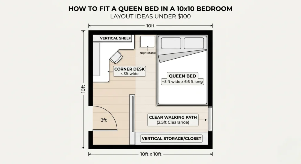 Minimal heading says, How to Fit a Queen Bed in a 10x10 Bedroom. A clean modern 2D floor plan diagram of a 10x10 foot bedroom with a queen-sized bed, showing a minimalist layout with dimensions and walking clearance. 