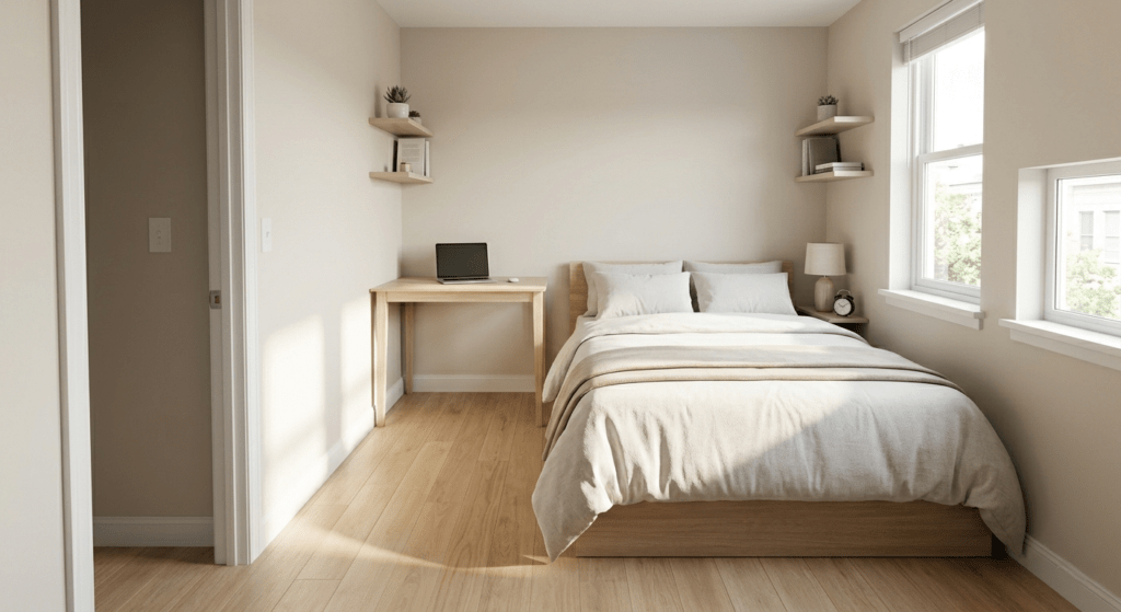A candid photograph of a small minimalist 10x10 bedroom, showing a queen bed pushed flush against the far corner wall to maximize open floor space and create a clear walking path.