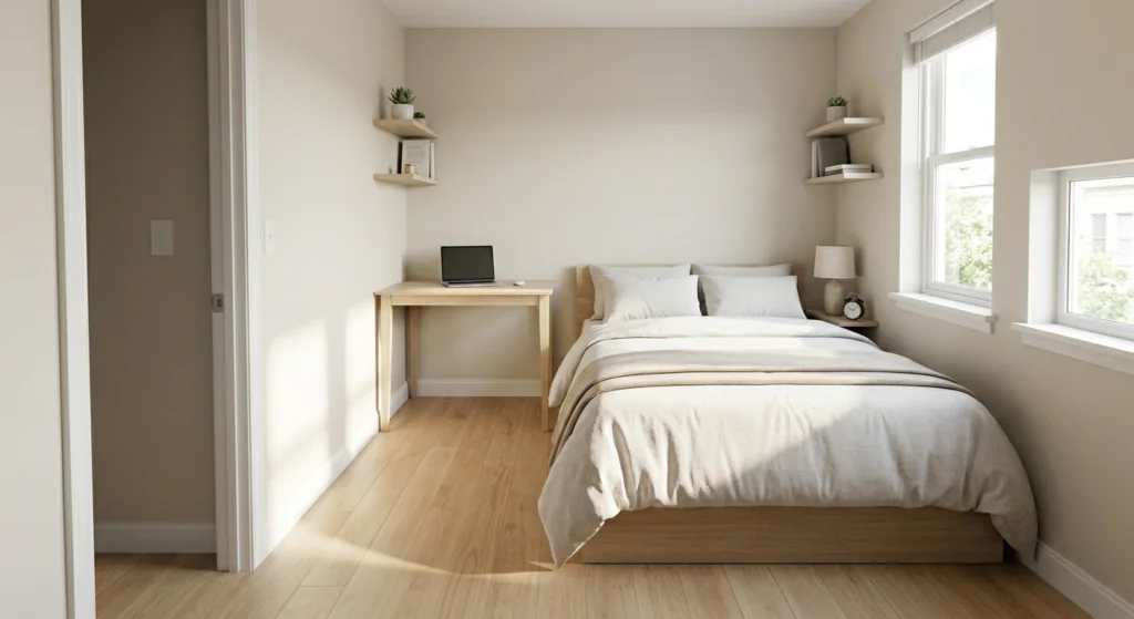 A candid photograph of a small minimalist 10x10 bedroom, showing a queen bed pushed flush against the far corner wall to maximize open floor space and create a clear walking path.
