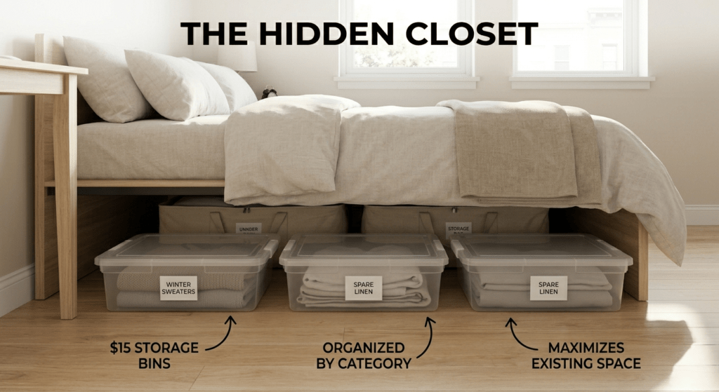 Close-up photograph of a modern platform bed showing organized clear under-bed storage bins and infographic text highlighting budget storage solutions in a small room.