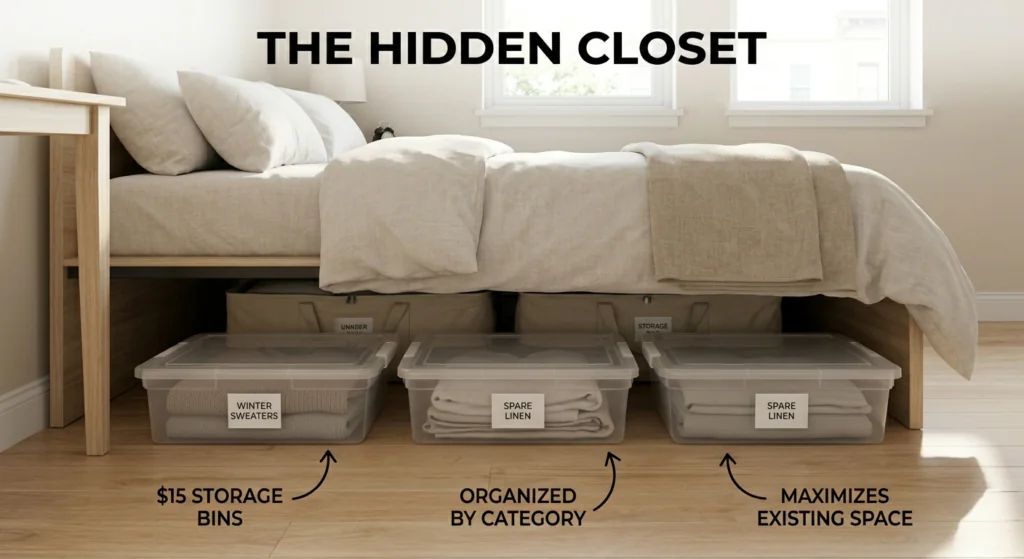 Close-up photograph of a modern platform bed showing organized clear under-bed storage bins and infographic text highlighting budget storage solutions in a small room.