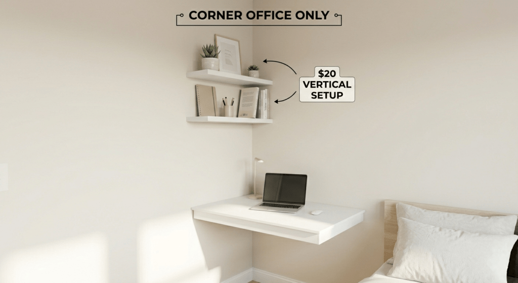 A close-up photograph of a sleek, compact floating corner desk and integrated vertical shelves within a minimalist 10x10 bedroom layout.