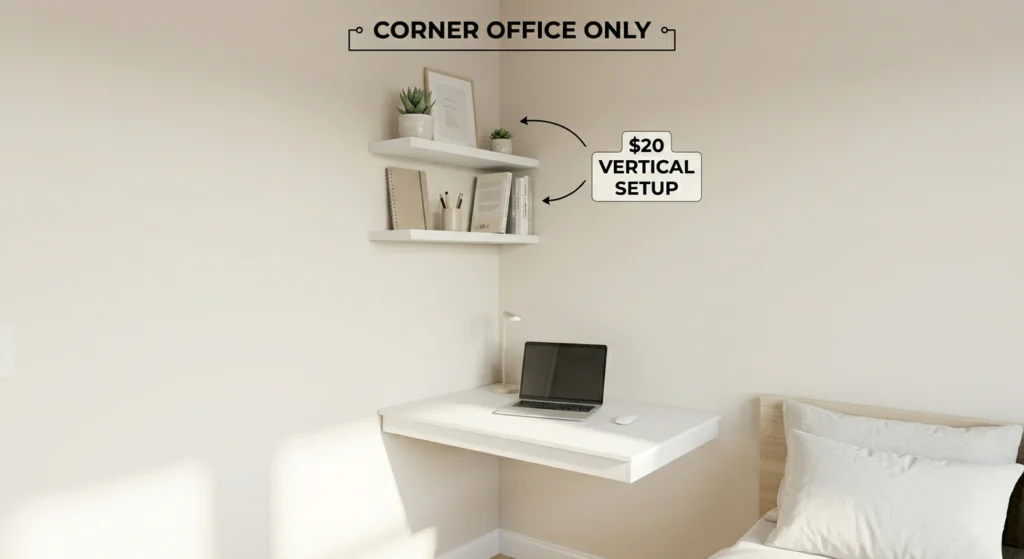 A close-up photograph of a sleek, compact floating corner desk and integrated vertical shelves within a minimalist 10x10 bedroom layout.