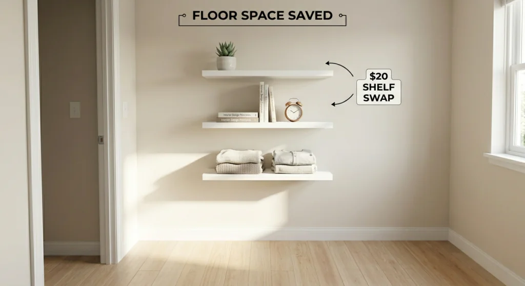 Focused photograph of minimalist white floating shelves installed on a neutral wall in a small 10x10 bedroom, demonstrating vertical storage that replaces bulky furniture and saves floor space.