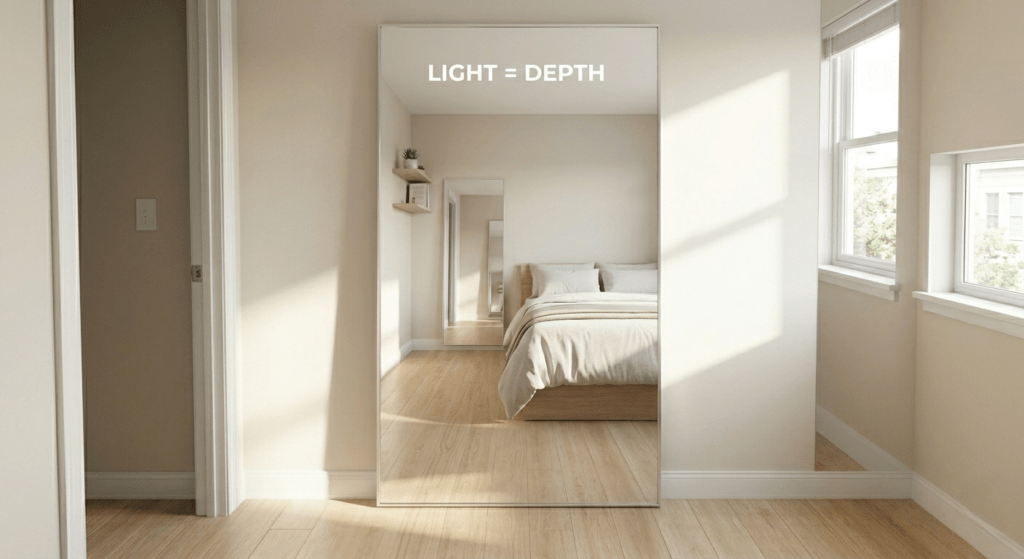 Photograph taken from a small minimalist bedroom looking directly into a large mirror, which reflects a window and an open walking path, illustrating visual room expansion through light.