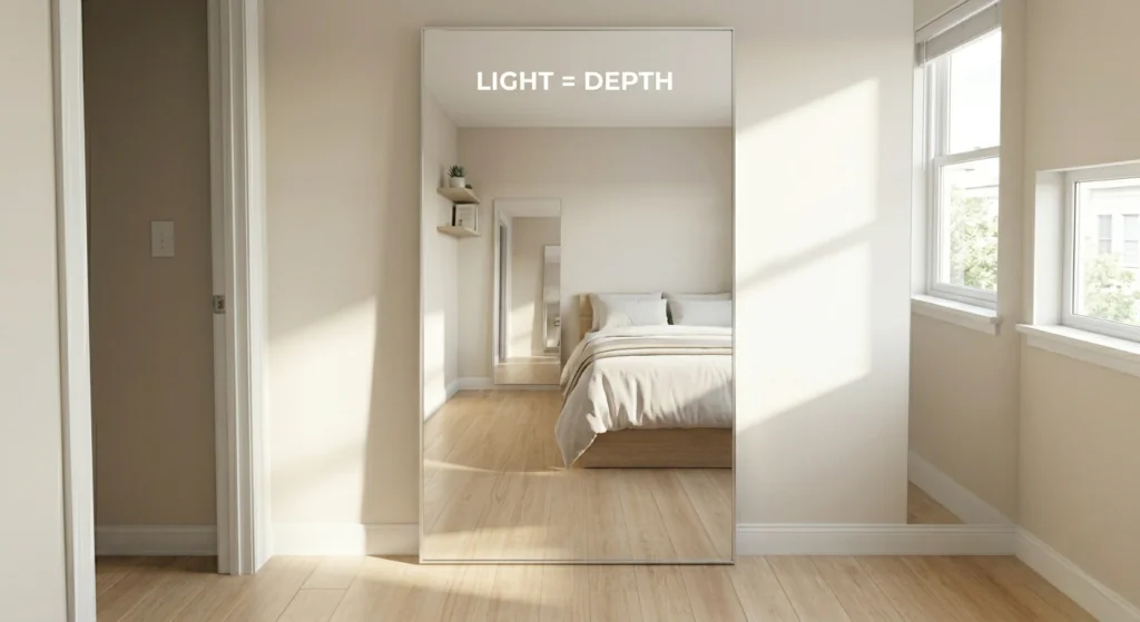 Photograph taken from a small minimalist bedroom looking directly into a large mirror, which reflects a window and an open walking path, illustrating visual room expansion through light.