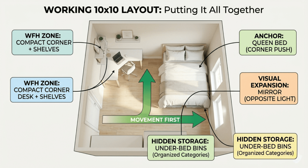 A summary infographic diagram (bird's-eye view) of an optimized 10x10 bedroom, showing the clear walking path and specific functional zones like hidden under-bed storage and a corner WFH setup.