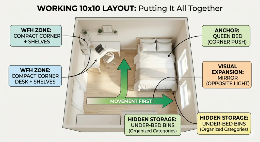 A summary infographic diagram (bird's-eye view) of an optimized 10x10 bedroom, showing the clear walking path and specific functional zones like hidden under-bed storage and a corner WFH setup.