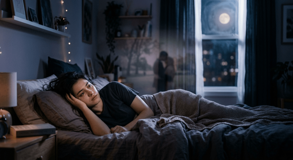 Woman lying awake at night after dreaming about her ex in a softly lit bedroom