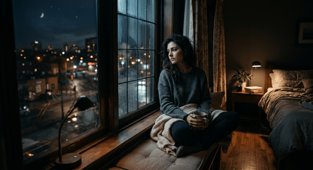 Emotional reflection scene with woman sitting near a window during a late-night breakup dream