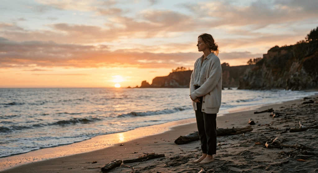 Peaceful emotional healing moment after heartbreak with soft sunrise light and calm atmosphere