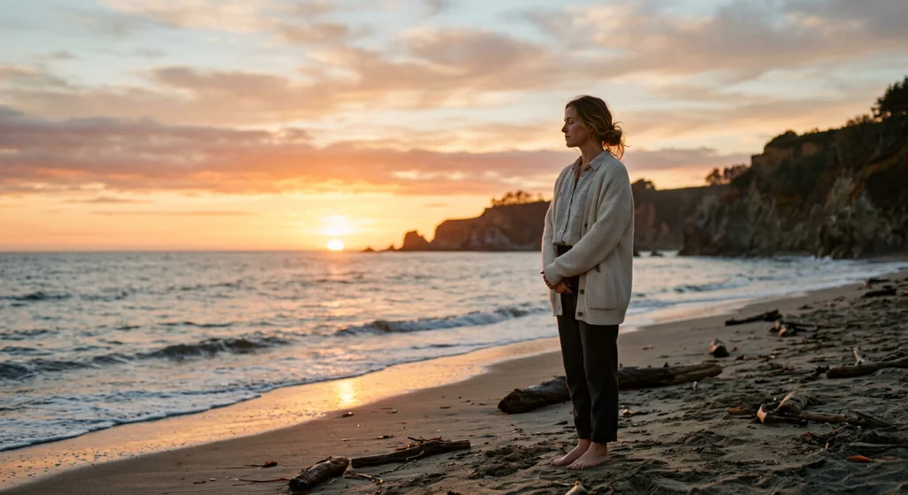 Peaceful emotional healing moment after heartbreak with soft sunrise light and calm atmosphere