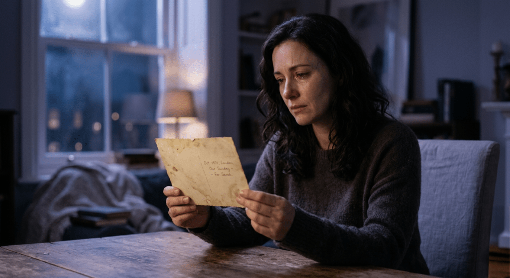 Woman holding an old photograph while reflecting on memories of a past relationship at night