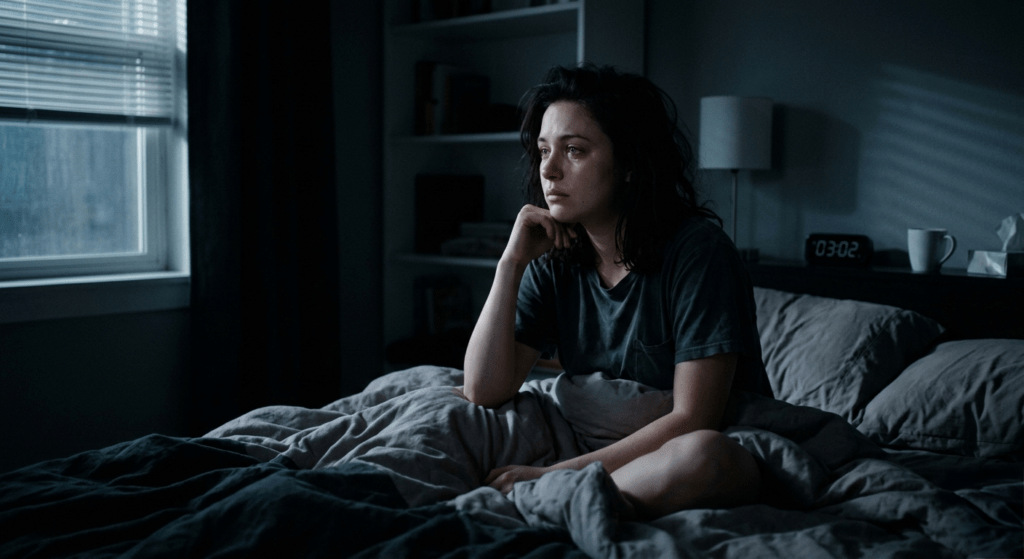 Young woman awake in bed late at night thinking emotionally after dreaming about her ex