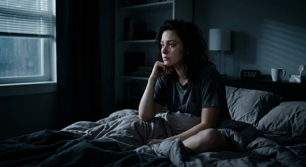 Young woman awake in bed late at night thinking emotionally after dreaming about her ex