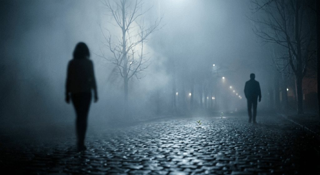 Blurred silhouettes walking apart in moonlight symbolizing emotional distance after heartbreak