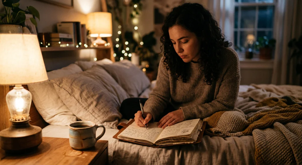 Cozy journal and coffee setup representing emotional healing and late-night reflection after breakup