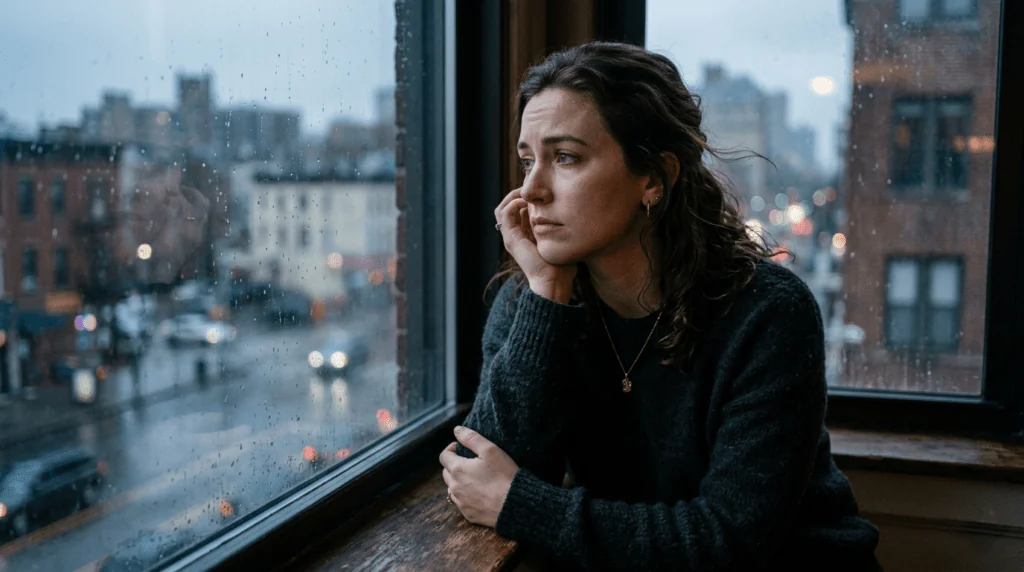 Thoughtful woman experiencing relationship anxiety and emotional reflection in cinematic lighting