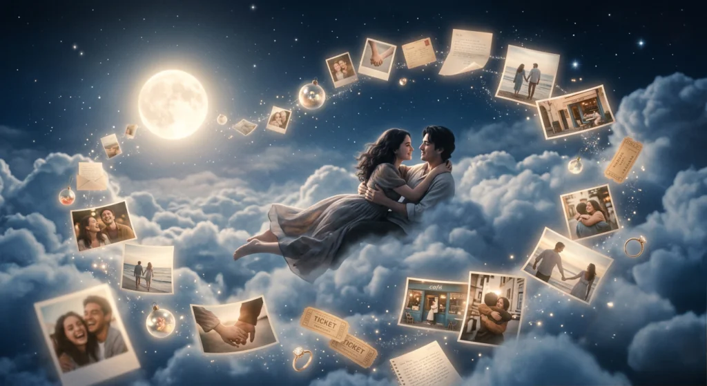 Surreal emotional dreamscape symbolizing subconscious relationship memories and healing emotions