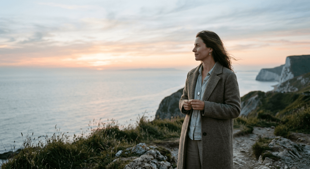 Woman standing peacefully under morning sky representing emotional closure and healing after heartbreak