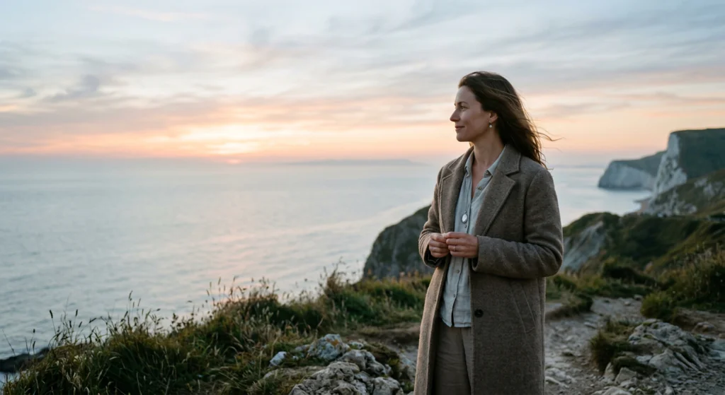 Woman standing peacefully under morning sky representing emotional closure and healing after heartbreak