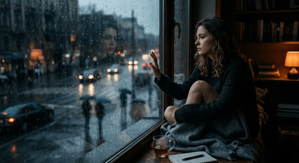 Rainy window emotional reflection scene symbolizing loneliness and breakup recovery emotions
