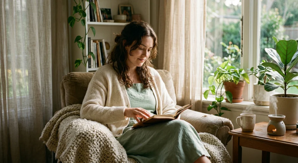 Peaceful emotional recovery scene with soft sunlight symbolizing healing and personal growth