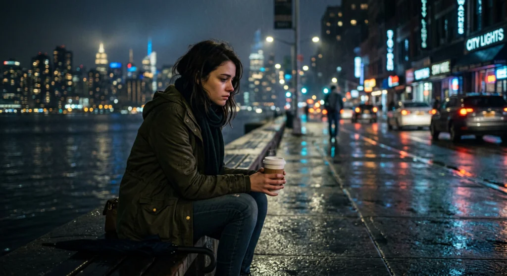 Lonely nighttime city atmosphere symbolizing emotional longing and missing someone after a breakup
