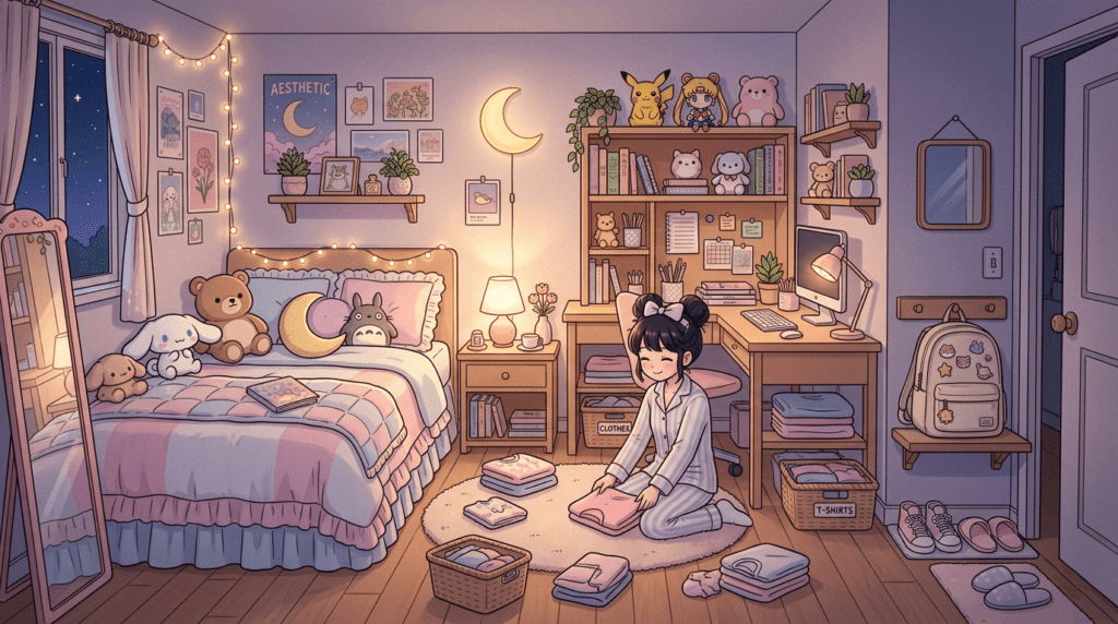 An illustration of a cozy, aesthetically pleasing kawaii-style bedroom at night, featuring pastel decor, fairy lights, and an anime-style character in striped pajamas kneeling on a fuzzy rug, folding a pink shirt. The room is warmly lit by lamps, including a crescent moon wall light. In the background, there's a loft bed with plush toys (like Totoro and Cinnamoroll), a well-organized corner desk with a computer and shelves of anime character figures (like Sailor Moon and Pikachu), and an organized "launchpad" area near a doorway with a backpack and neatly lined shoes. Stacked and organized clothes sit in baskets and on the floor. A full-length mirror and a window showing a starry night sky are visible on the left wall.

