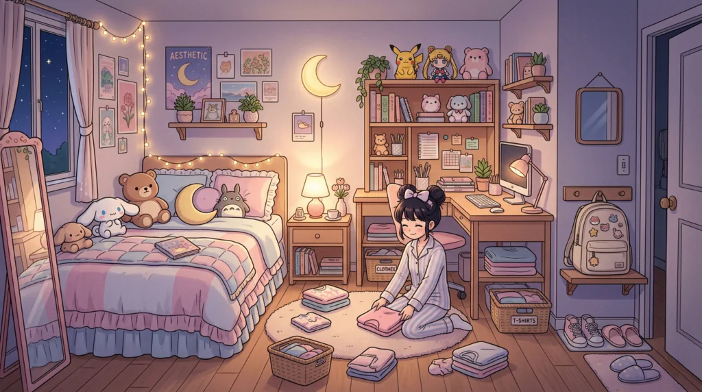 The Ultimate "That Girl" Morning Routine for School: Realistic & Under $50 2 An illustration of a cozy, aesthetically pleasing kawaii-style bedroom at night, featuring pastel decor, fairy lights, and an anime-style character in striped pajamas kneeling on a fuzzy rug, folding a pink shirt. The room is warmly lit by lamps, including a crescent moon wall light. In the background, there's a loft bed with plush toys (like Totoro and Cinnamoroll), a well-organized corner desk with a computer and shelves of anime character figures (like Sailor Moon and Pikachu), and an organized "launchpad" area near a doorway with a backpack and neatly lined shoes. Stacked and organized clothes sit in baskets and on the floor. A full-length mirror and a window showing a starry night sky are visible on the left wall.