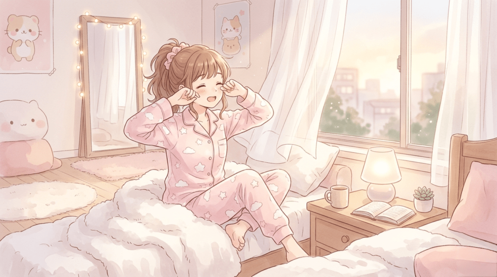 A soft digital art illustration in shades of pink, white, and brown shows a cute anime-style teenage girl with long wavy brown hair tied in a messy high pony with a pink scrunchie. The girl is sitting on her bed, stretching as she rubs her eyes with a smile, wearing a pink matching two-piece button-up pajama set covered in a white star and cloud pattern. She sits on a large unmade bed covered with fluffy pink and white quilts. To her left is a floor length mirror with fairy light lights attached to it in a warm pink glow and two matching animal prints, and to the right a window with soft curtains looking out at a city skyline and distant trees in soft shades of orange, and pink, and yellow sunset colors. Next to her on the left is a wood bedside table with a hot mug, a small succulent, and a lamp with a soft glow with an open book resting underneath. The entire room has a soft glow with soft background features like a small table with a plush animal, a cute heart shaped rug and wooden floors.
