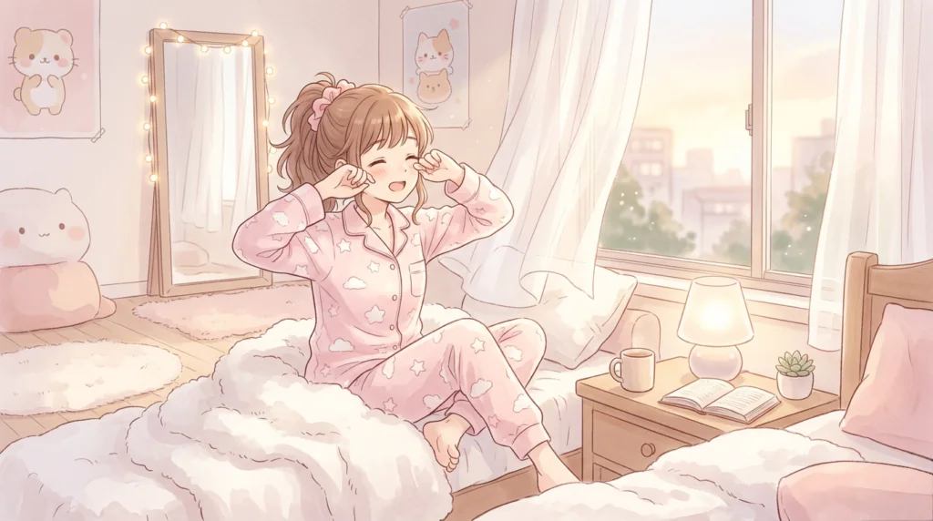 The Ultimate "That Girl" Morning Routine for School: Realistic & Under $50 3 A soft digital art illustration in shades of pink, white, and brown shows a cute anime-style teenage girl with long wavy brown hair tied in a messy high pony with a pink scrunchie. The girl is sitting on her bed, stretching as she rubs her eyes with a smile, wearing a pink matching two-piece button-up pajama set covered in a white star and cloud pattern. She sits on a large unmade bed covered with fluffy pink and white quilts. To her left is a floor length mirror with fairy light lights attached to it in a warm pink glow and two matching animal prints, and to the right a window with soft curtains looking out at a city skyline and distant trees in soft shades of orange, and pink, and yellow sunset colors. Next to her on the left is a wood bedside table with a hot mug, a small succulent, and a lamp with a soft glow with an open book resting underneath. The entire room has a soft glow with soft background features like a small table with a plush animal, a cute heart shaped rug and wooden floors.