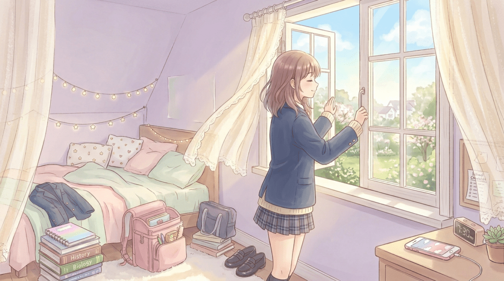 A gentle, anime-style illustration of a Japanese schoolgirl with brown hair, in a blue blazer and plaid skirt, smiling peacefully while opening her bedroom window. She looks out onto a sun-drenched garden and residential street, with a light breeze moving the sheer curtains. The room is softly colored, showing a cozy canopy bed with fairy lights, stacks of books including 'History' and 'Biology', a large pink school bag on the floor, and her shoes and a uniform blazer laid out, ready for school. A clock on a desk reads 7:30. The entire scene has a warm, calm, and organized feel.