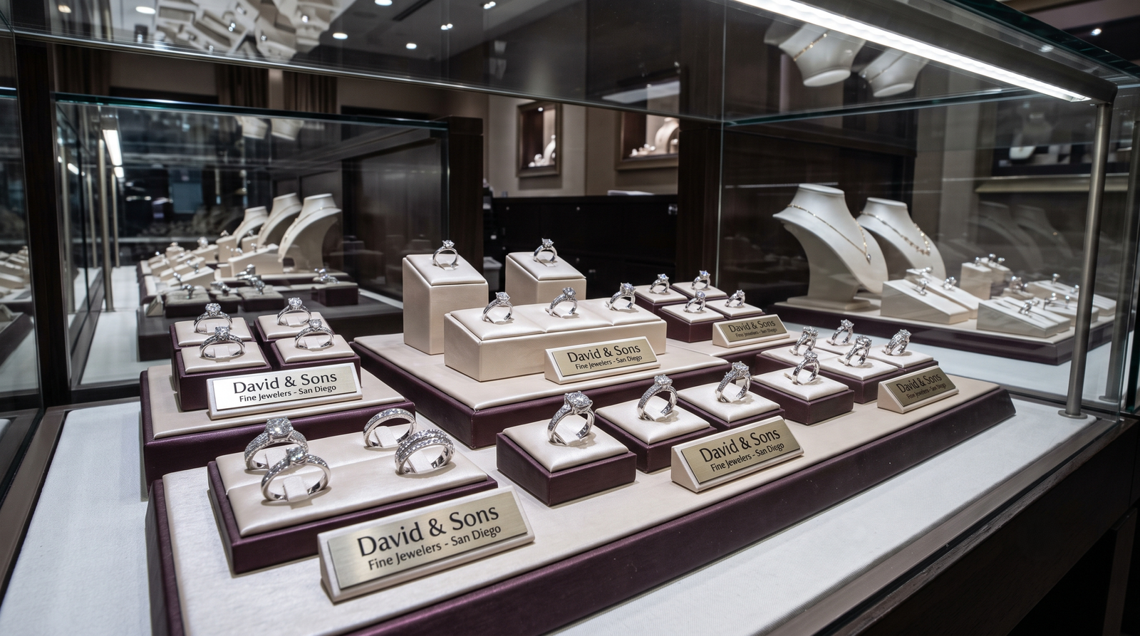 David & Sons Fine Jewelers Review: Is This San Diego Jeweler Worth It? 2 A brightly lit, elegant display case at David & Sons Fine Jewelers in San Diego, featuring an array of custom diamond engagement rings and wedding bands under focused jewelry lighting.