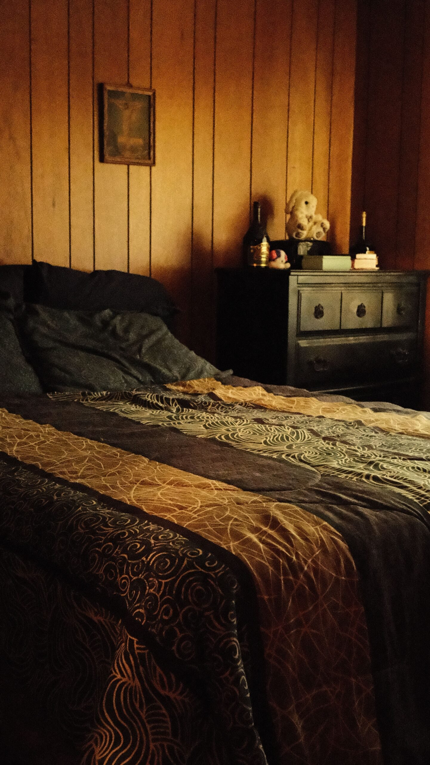 Bedroom with bed and dresser for bed clearance planning
